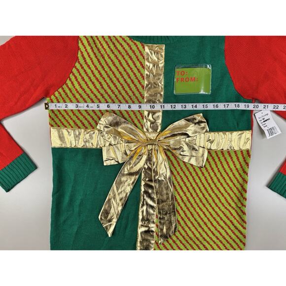 Tacky Christmas Sweater Womens L Gift Wrap Bow Red Green Gold Holiday NWT - Picture 5 of 9
